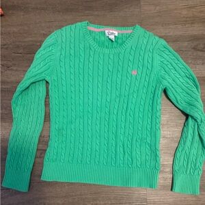 Lily Pulitzer green sweater with pink embroidery palm tree.